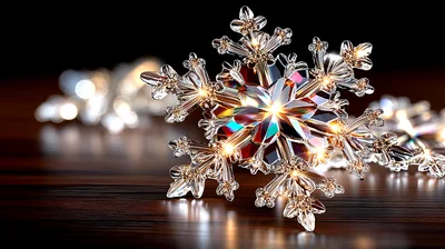 Crystal Snowflake Ornament On Dark Wooden Surface