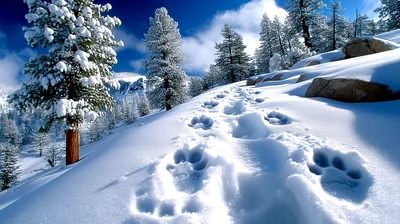Large Animal Paw Prints In Deep Winter Snow