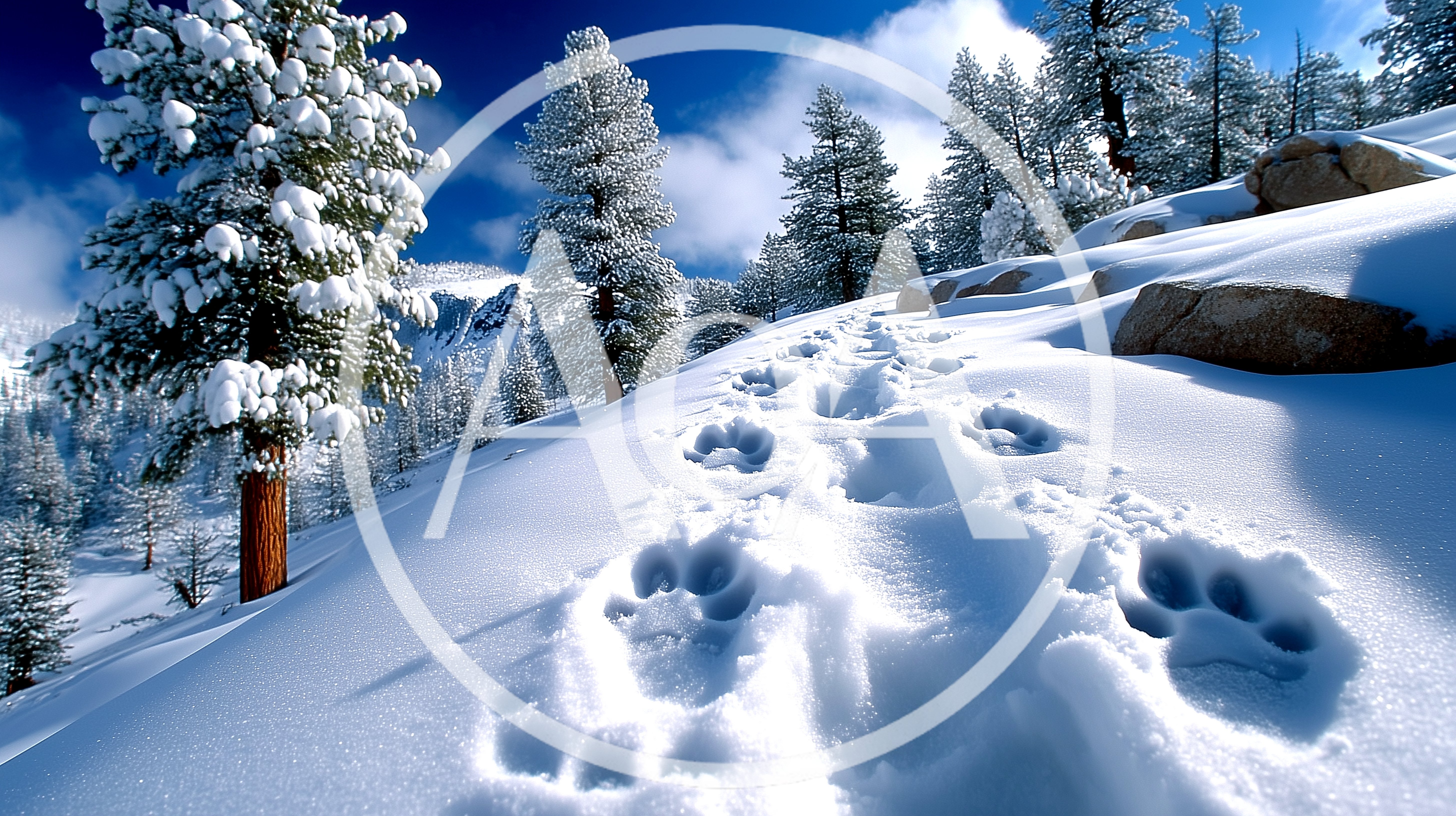 Large Animal Paw Prints In Deep Winter Snow