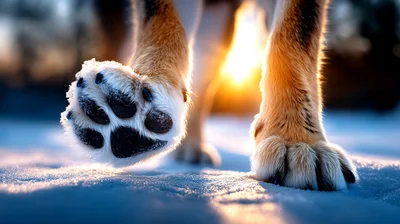 Close Up Of Dog Paws Walking On Snow