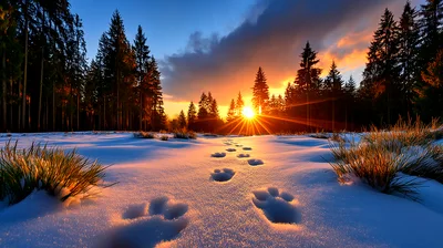 Animal Paw Prints In Snowy Forest At Sunset