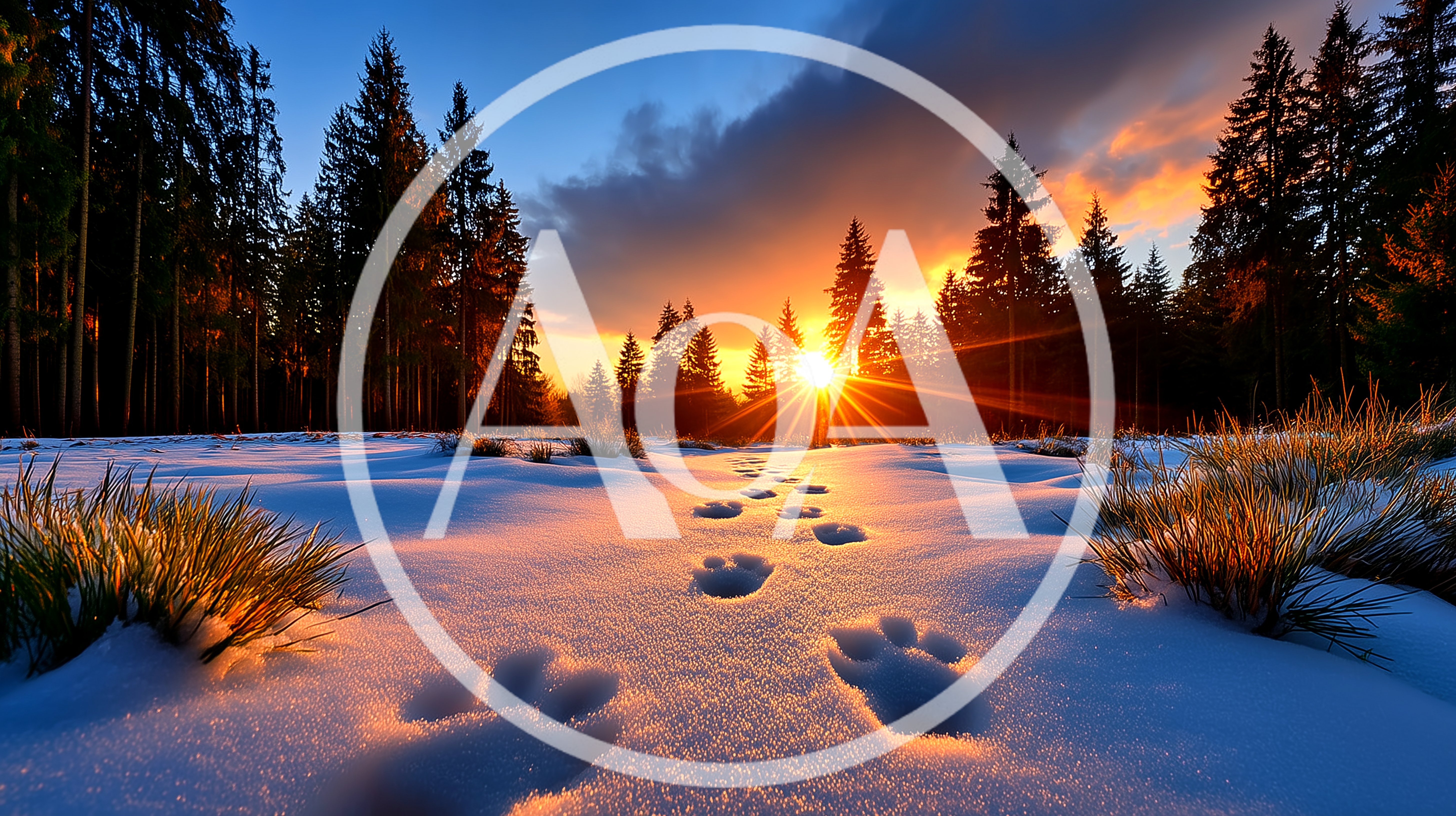 Animal Paw Prints In Snowy Forest At Sunset