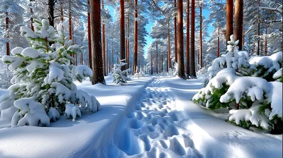 Snow Covered Path Through A Winter Pine Forest