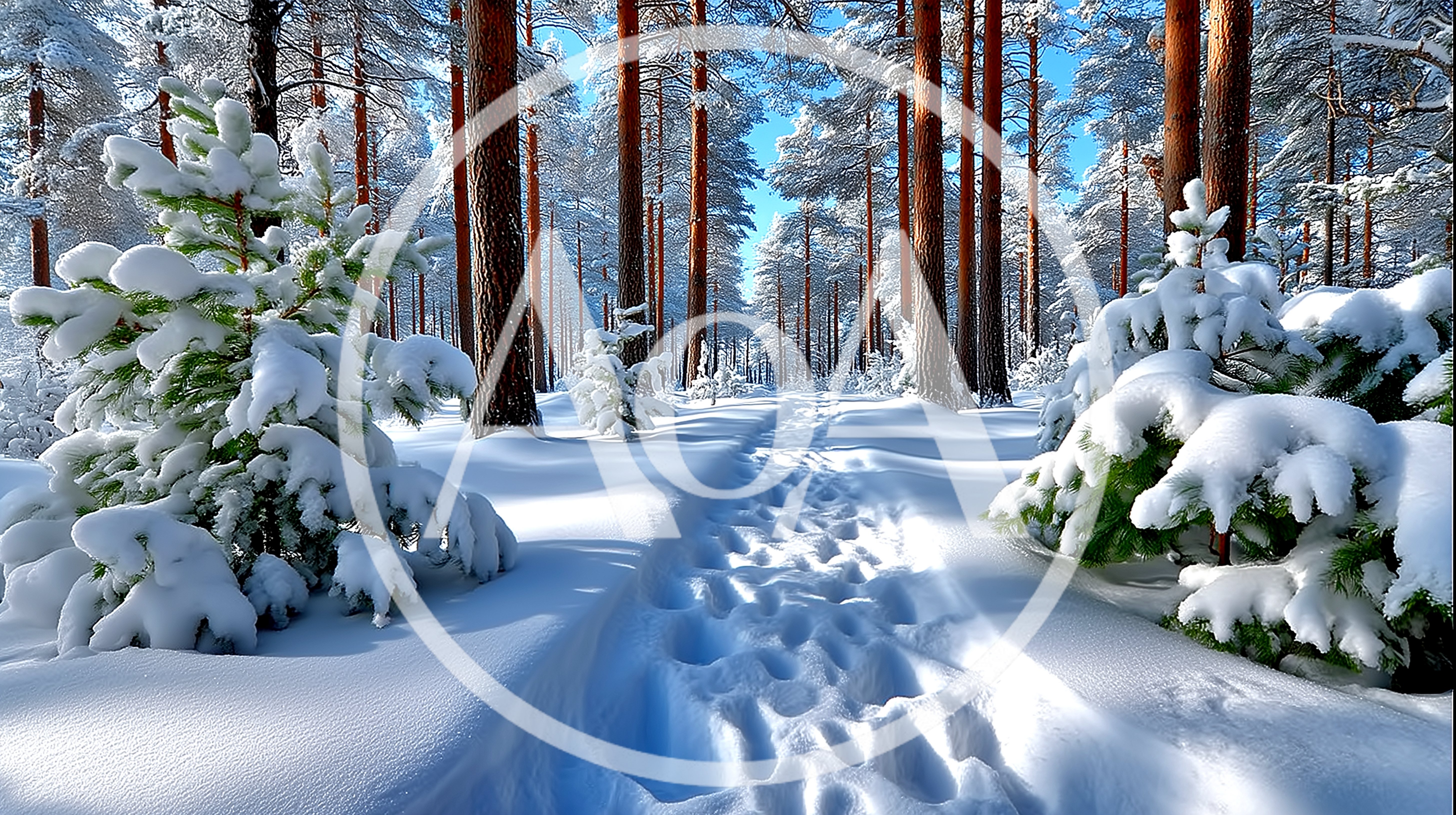 Snow Covered Path Through A Winter Pine Forest