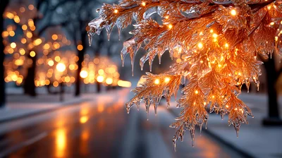 Icy Pine Branch Decorated With Glowing Christmas Lights