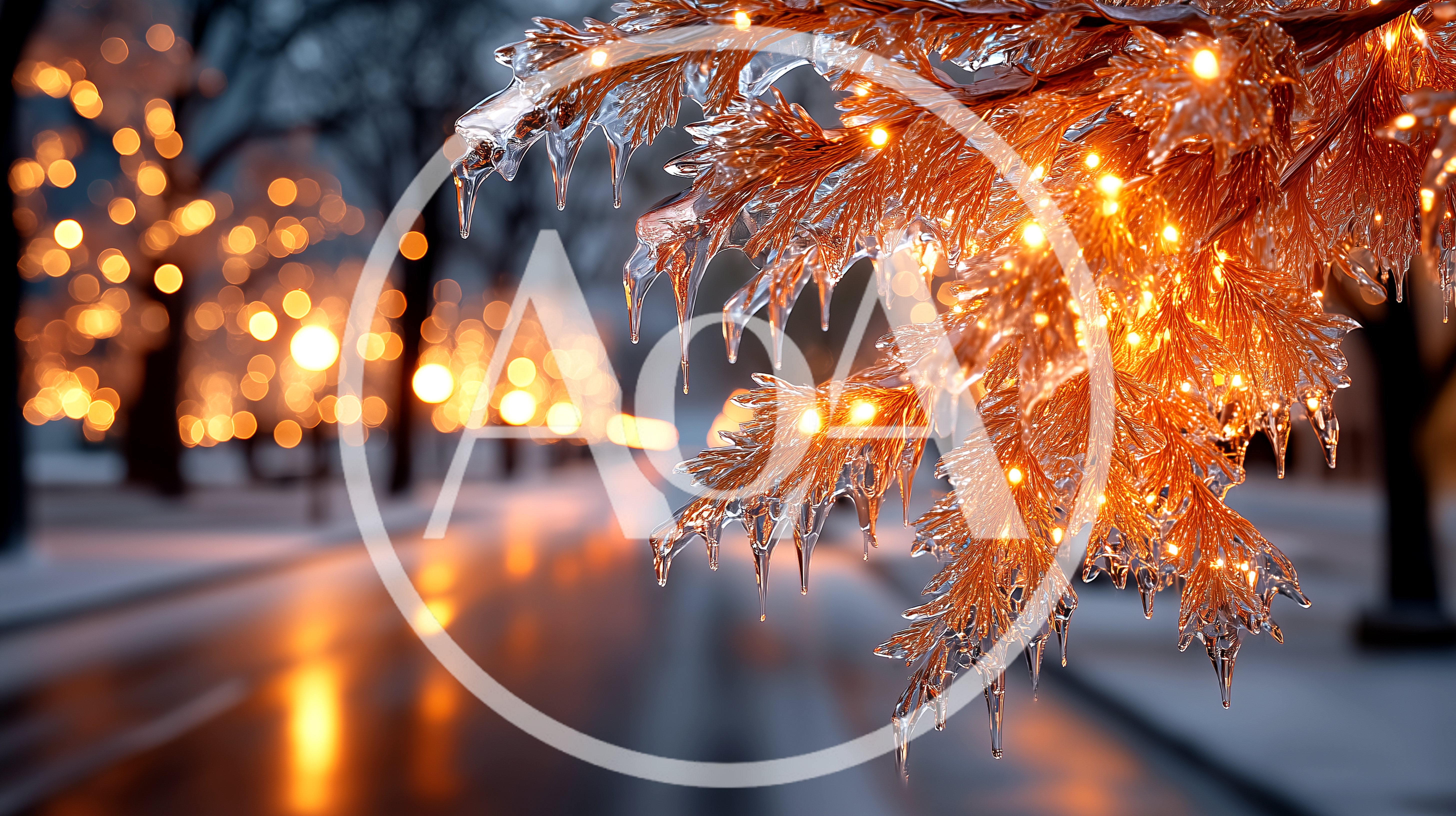 Icy Pine Branch Decorated With Glowing Christmas Lights