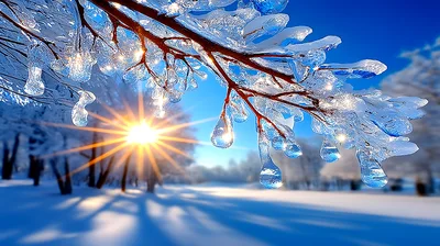 Sunlight Shining Through Ice Covered Tree Branches