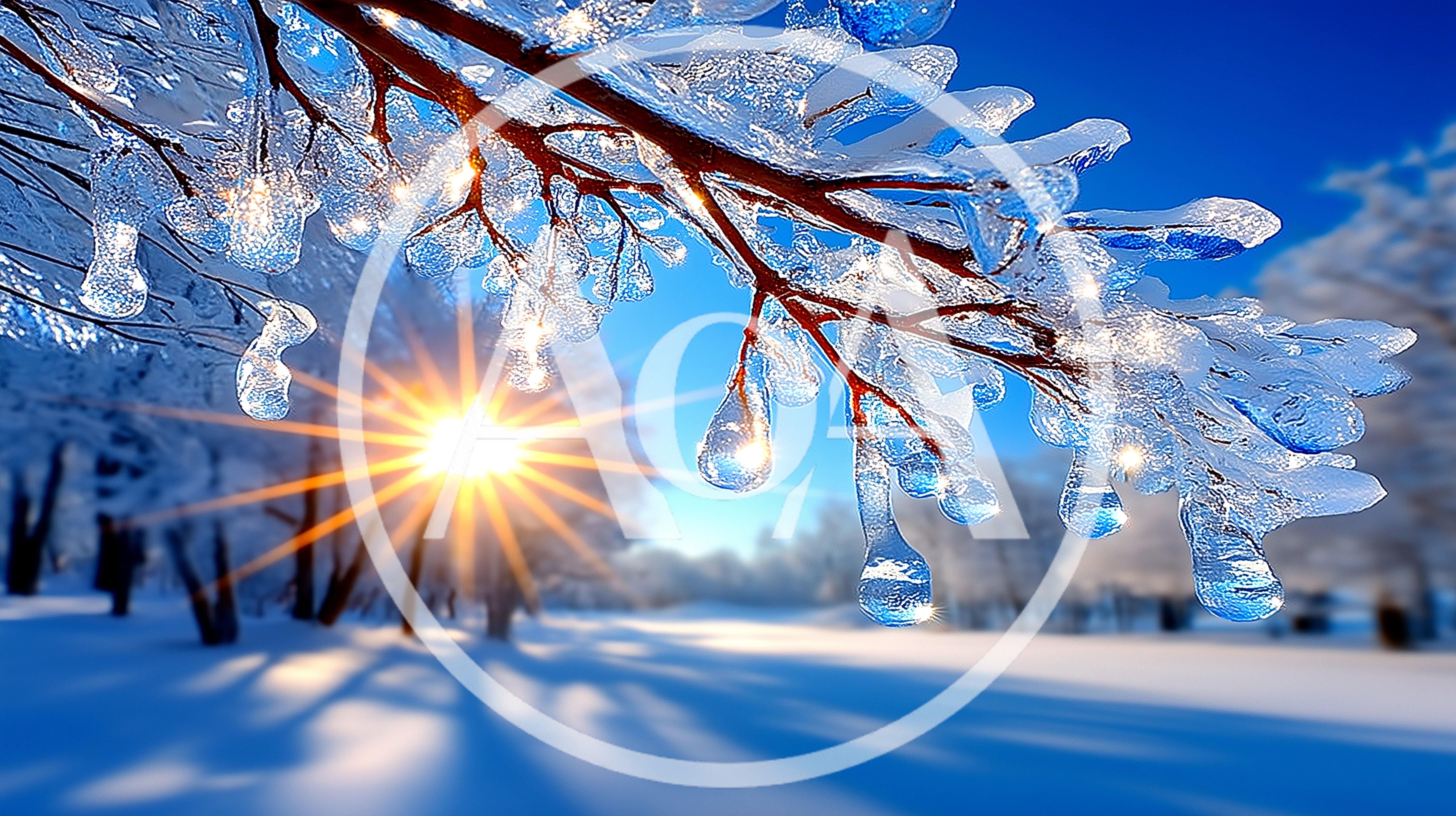 Sunlight Shining Through Ice Covered Tree Branches