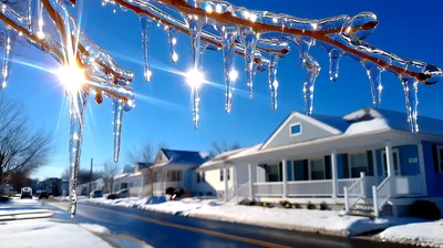 Icicles Hanging From Tree Branch On Sunny Winter Day