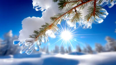 Sunlight Shining Through Ice Covered Pine Tree Branches