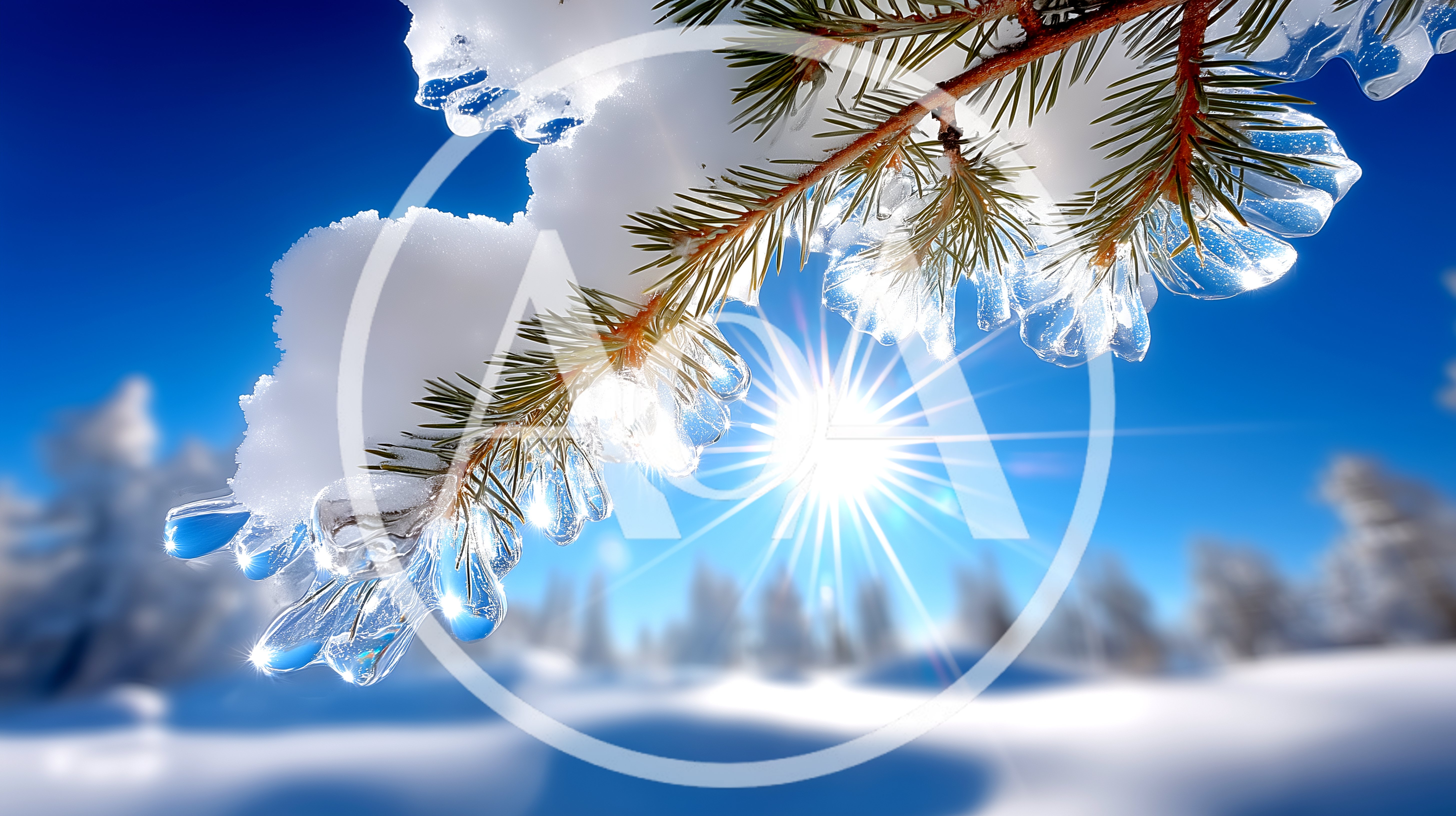 Sunlight Shining Through Ice Covered Pine Tree Branches