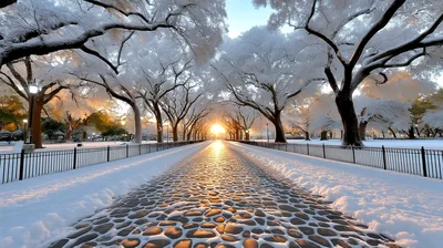 Snow Covered Cobblestone Path Through Winter Park