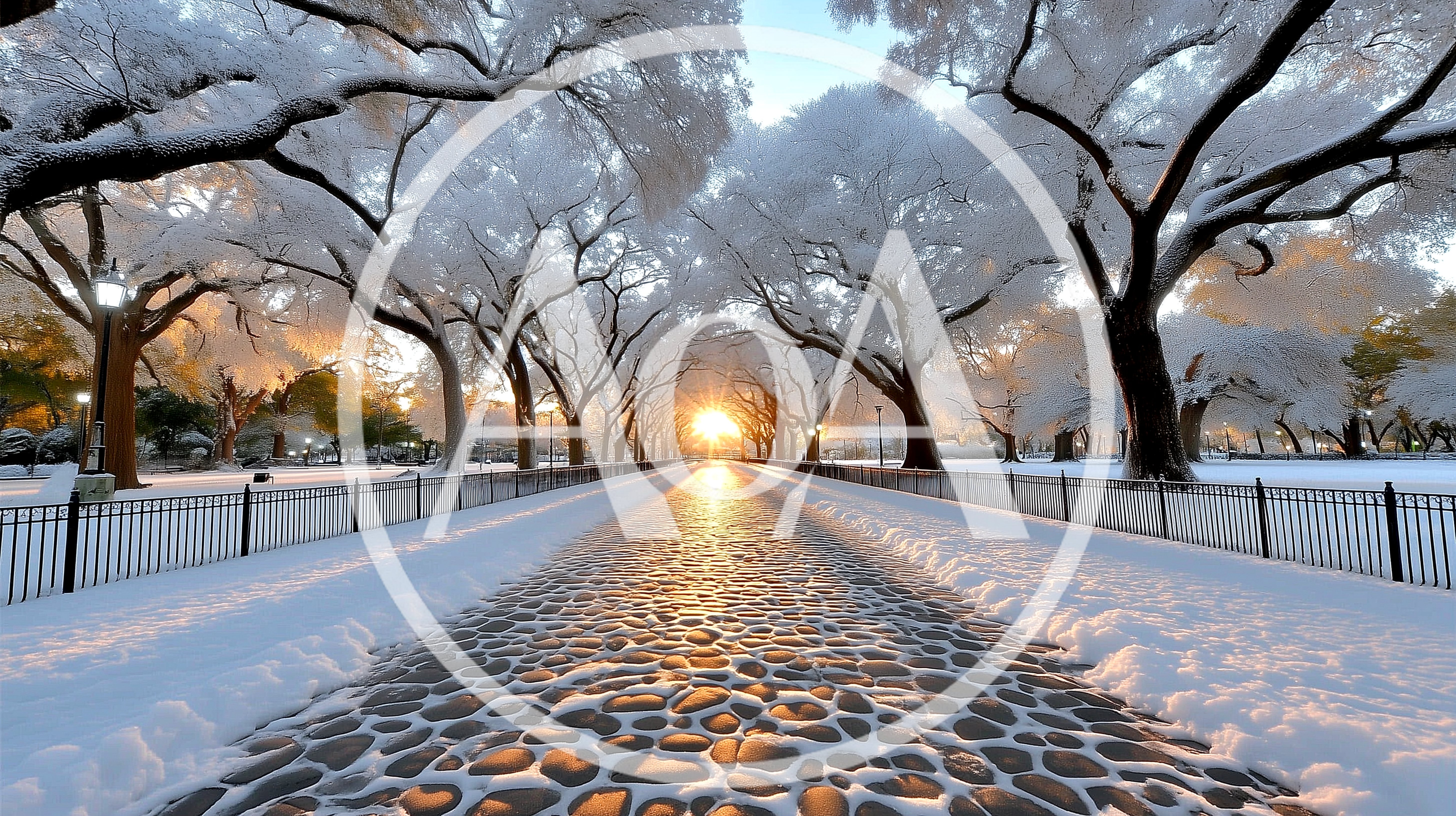 Snow Covered Cobblestone Path Through Winter Park