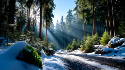 Sunlight Beams Through Snowy Forest Trees
