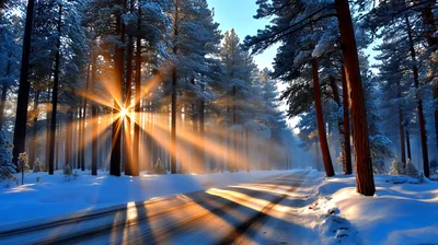Sunlight Streaming Through Snowy Pine Forest Road