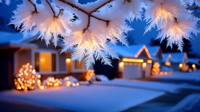 Frost Covered Tree Branch Overlooking Suburban Winter Neighborhood
