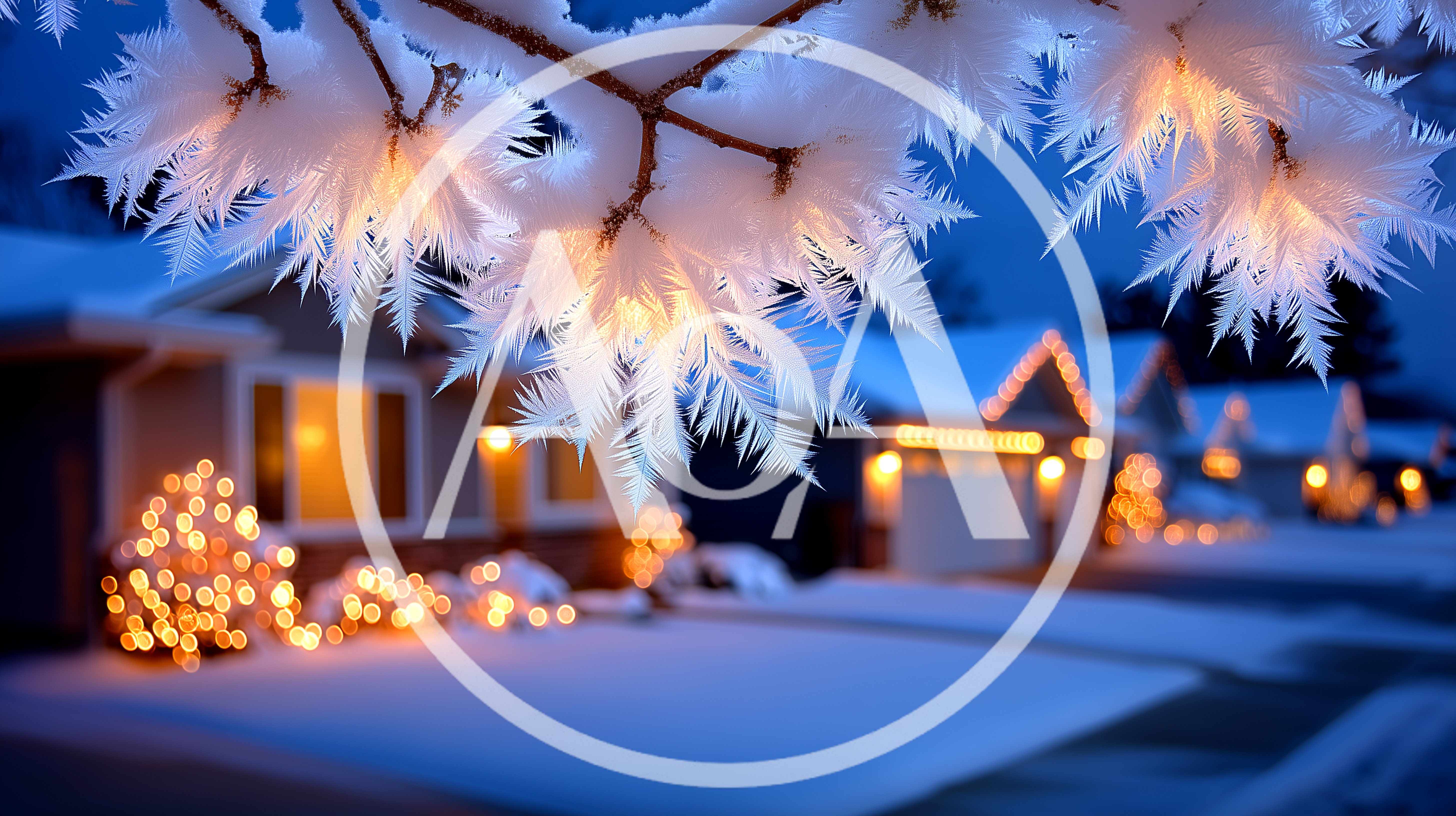 Frost Covered Tree Branch Overlooking Suburban Winter Neighborhood