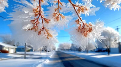 Frost Covered Tree Branches Overlooking A Snowy Suburban Street