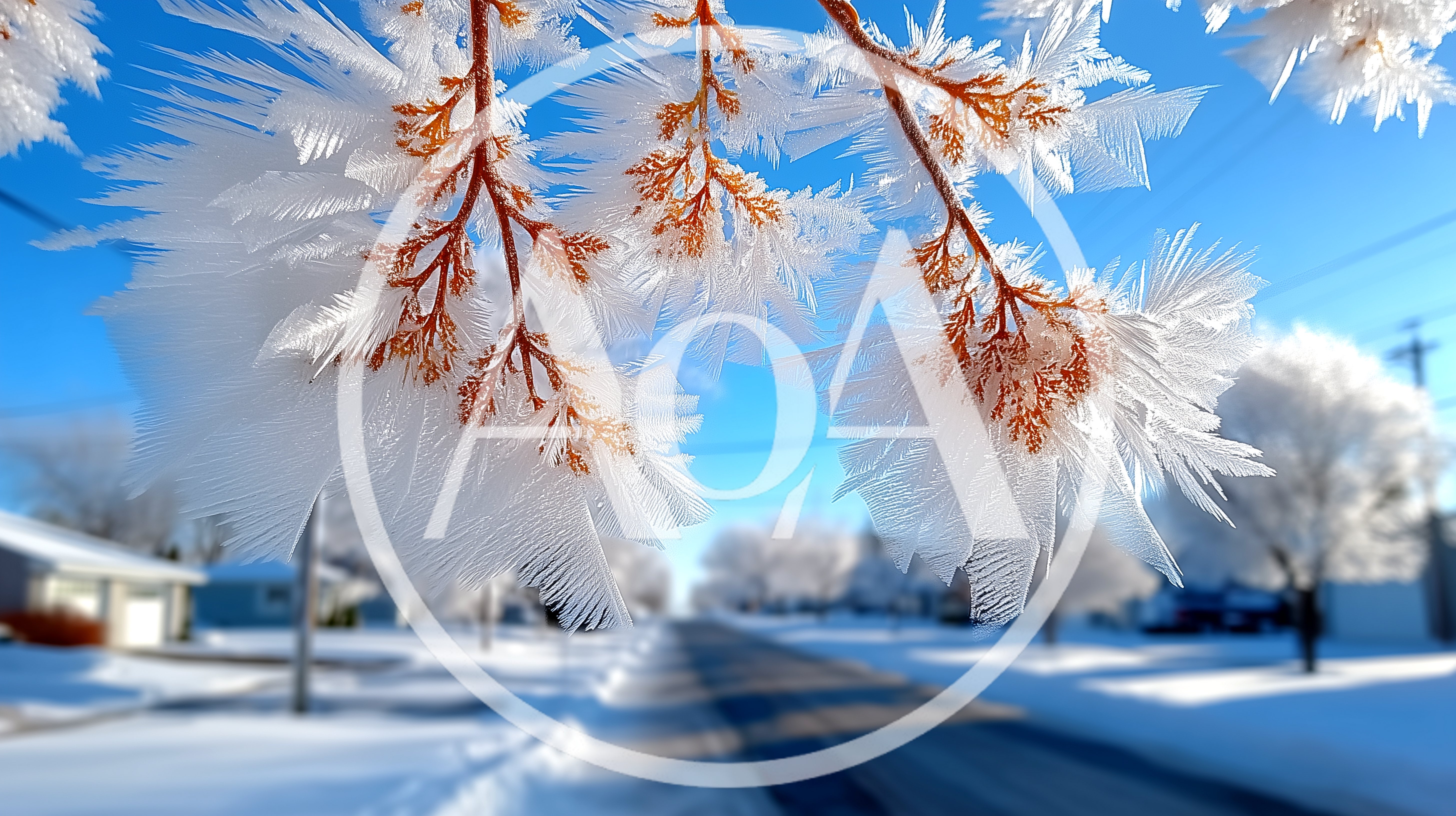 Frost Covered Tree Branches Overlooking A Snowy Suburban Street