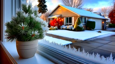Potted Pine Plant On A Snowy Window Sill
