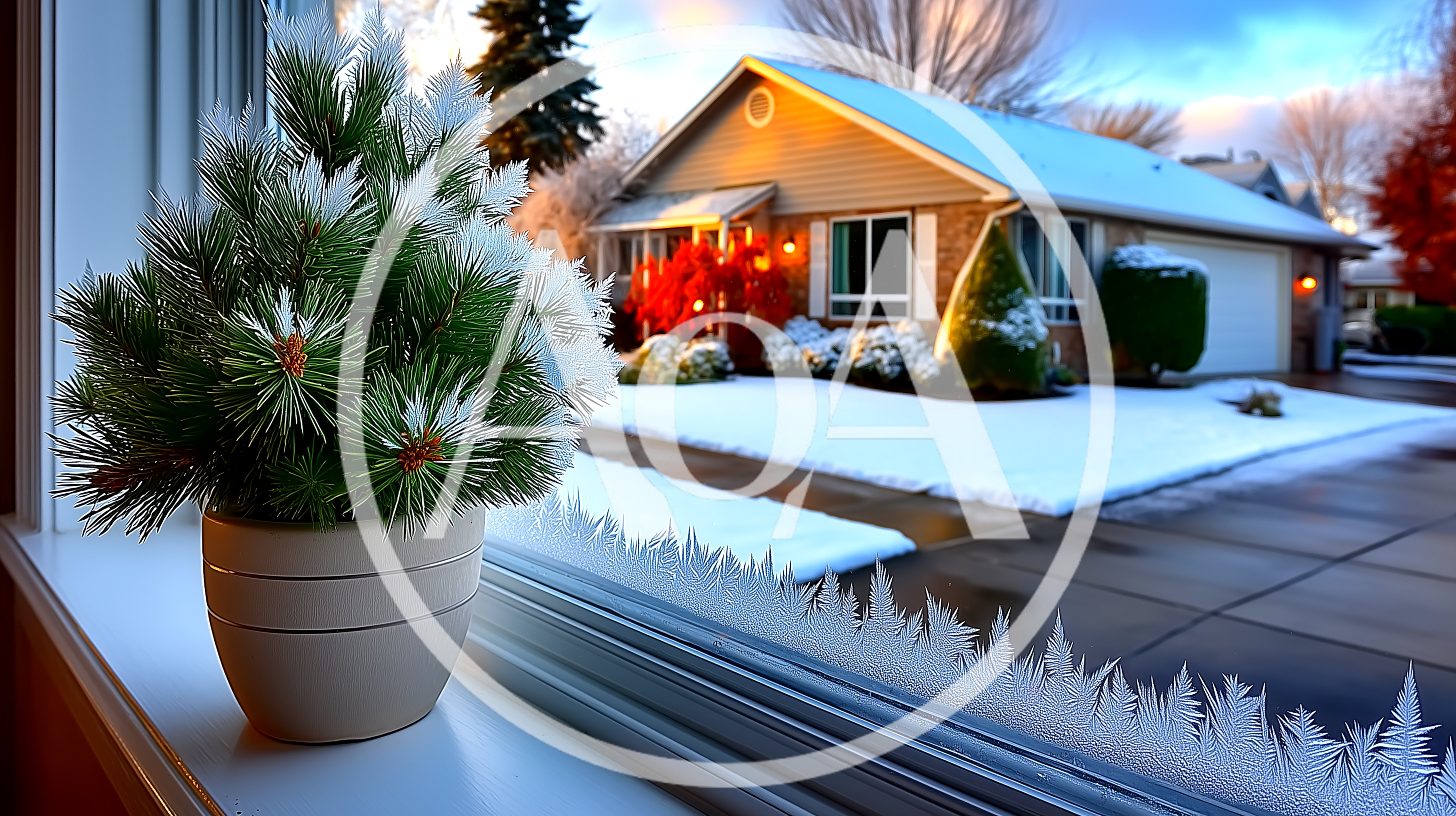 Potted Pine Plant On A Snowy Window Sill
