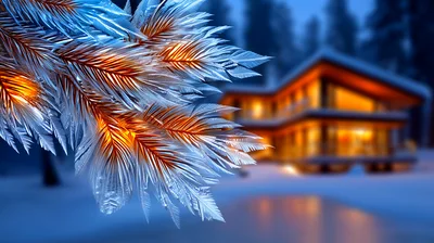 Frosty Pine Branch With Glowing Lights In Winter