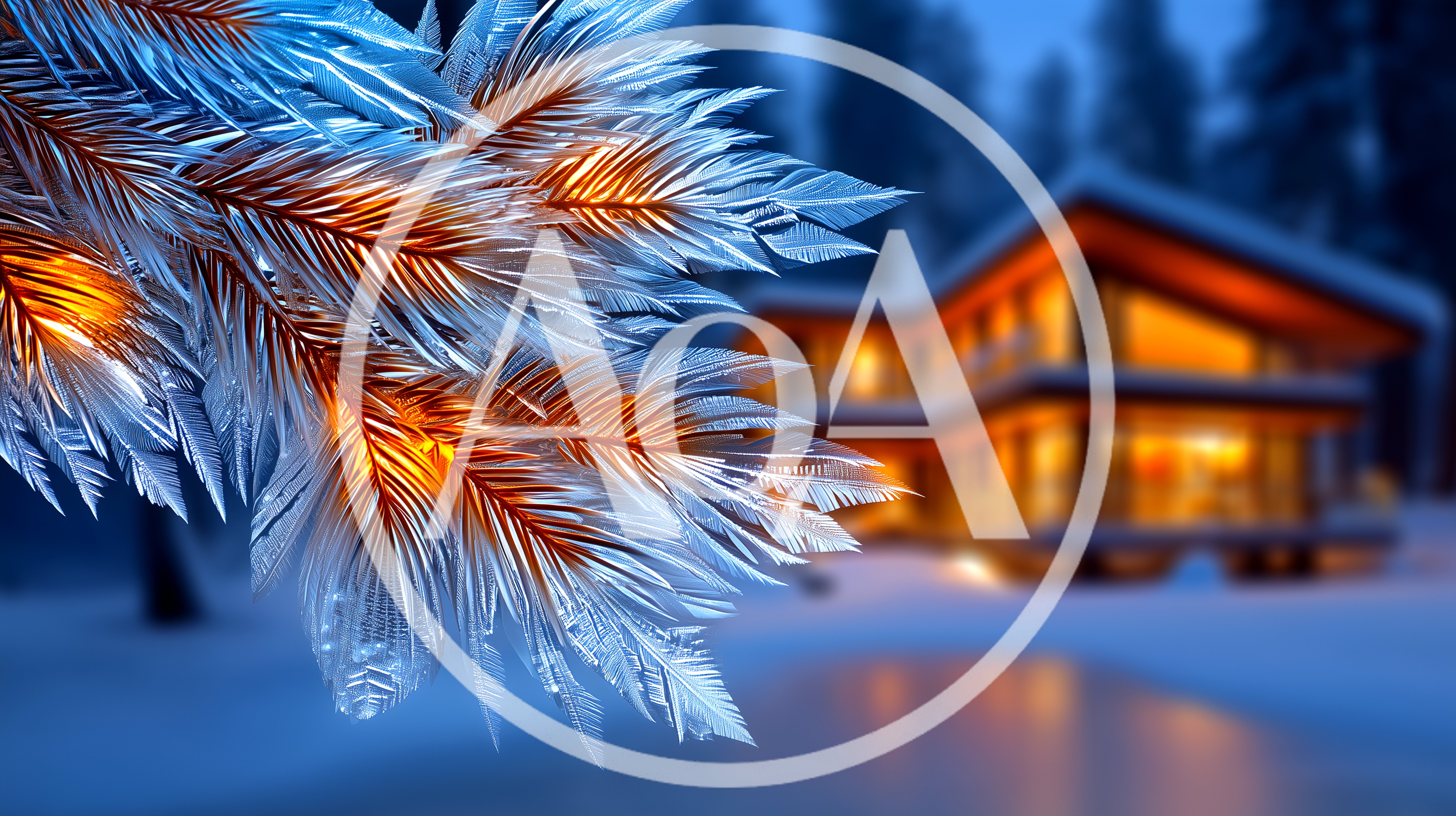 Frosty Pine Branch With Glowing Lights In Winter