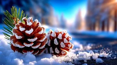 Two Pine Cones Resting On Fresh Winter Snow
