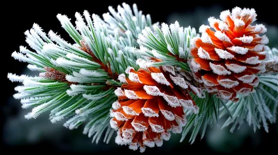 Frost Covered Pine Cones On Evergreen Branch