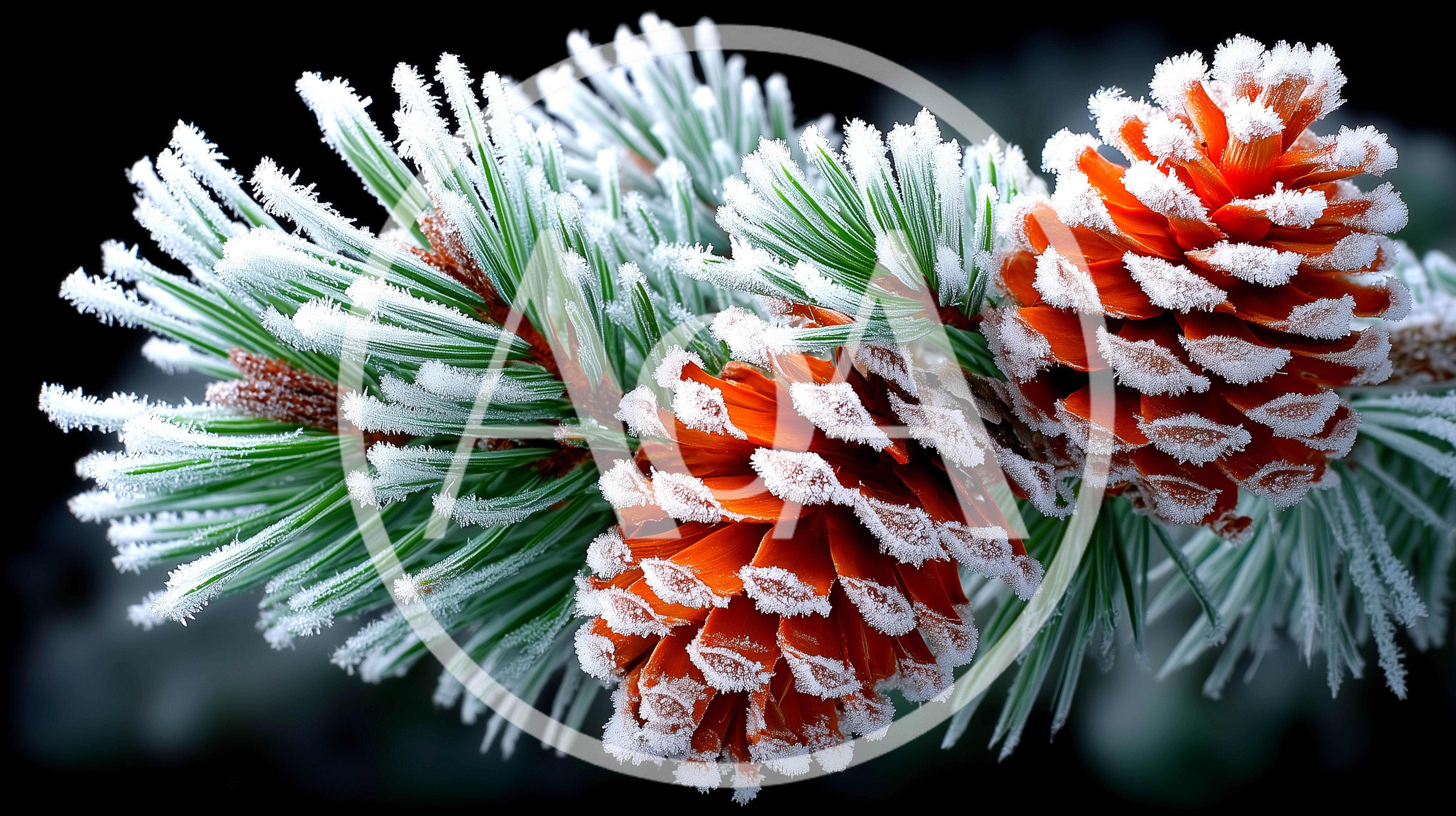 Frost Covered Pine Cones On Evergreen Branch