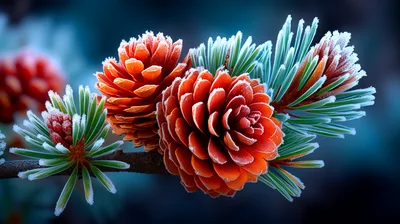 Frost Covered Pine Cones On A Winter Branch
