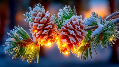 Frosted Pine Cones With Glowing Christmas Lights