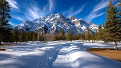 Snowy Path Leading Toward Majestic Rocky Mountains
