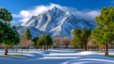 Snow Covered Golf Course With Majestic Mountain Backdrop