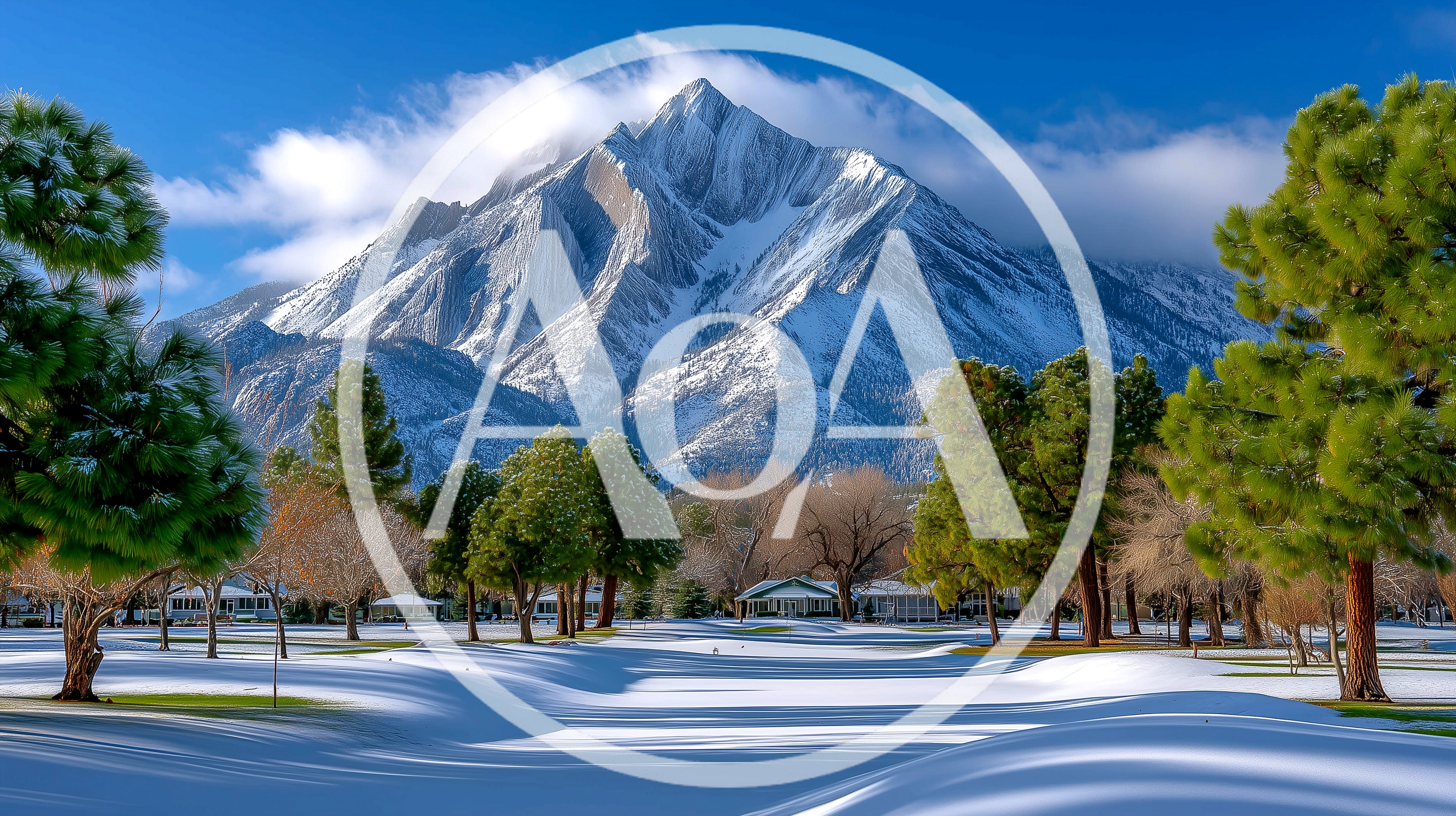 Snow Covered Golf Course With Majestic Mountain Backdrop