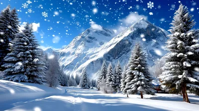 Snowy Mountain Landscape With Pine Trees In Winter