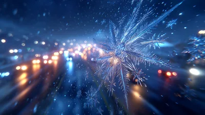 Macro Snowflake Falling Over Blurred City Traffic