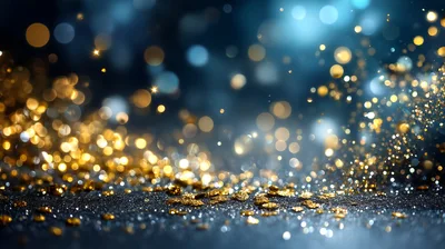 Golden Glitter Particles Floating Over Dark Background