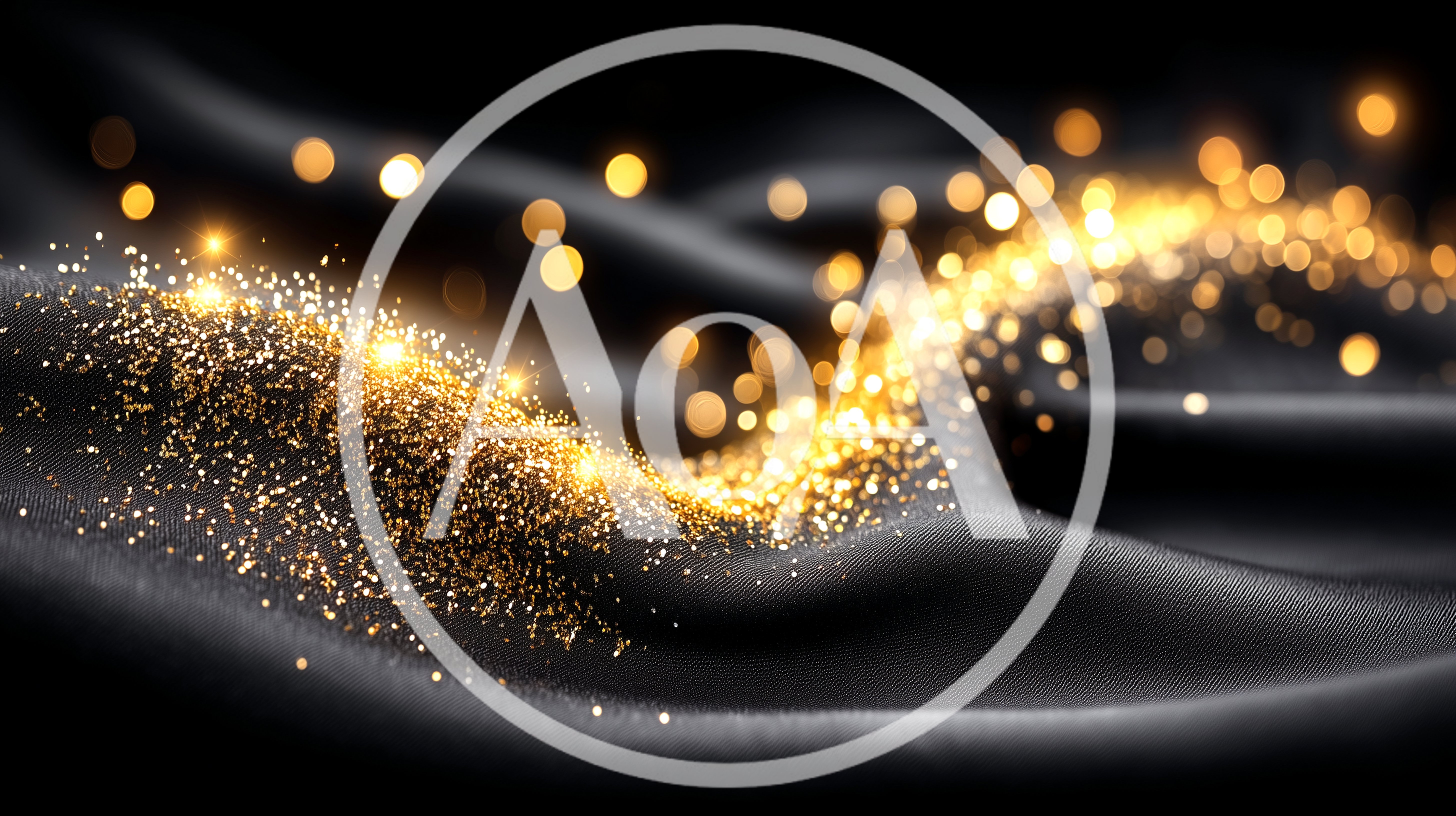 Golden Glitter Particles Flowing Over Black Silk Fabric