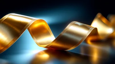 Golden Ribbon Waving Against Dark Blue Background
