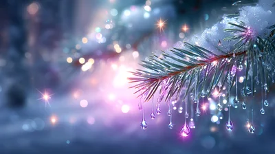 Snow Covered Pine Branch With Melting Icicles
