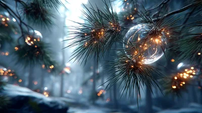 Glowing Glass Ornaments Hanging On Pine Branches
