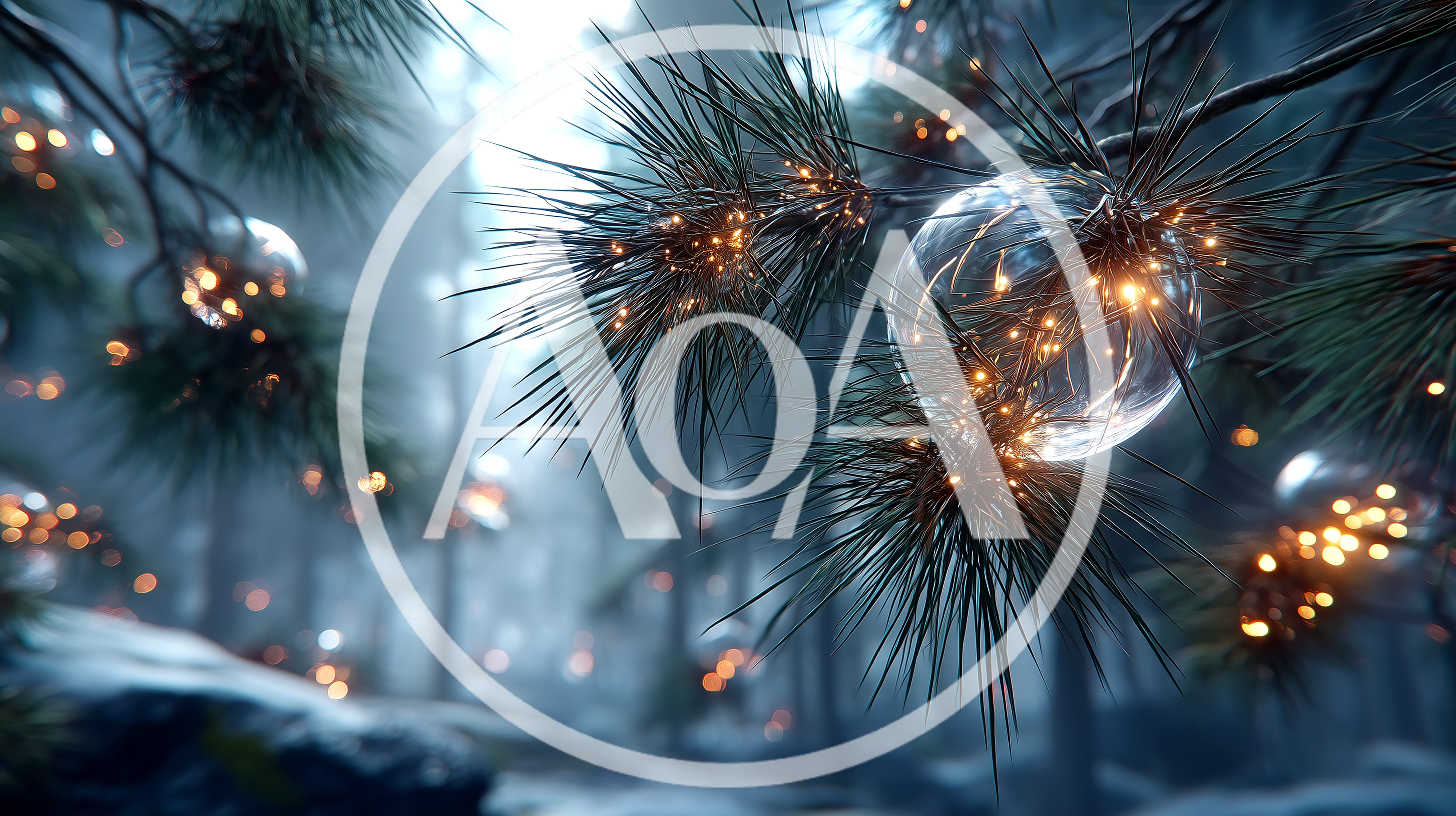 Glowing Glass Ornaments Hanging On Pine Branches
