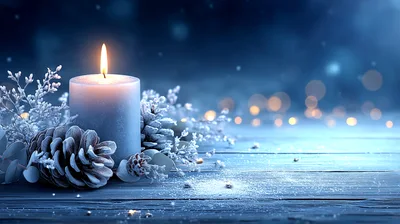 Lit Candle With Pinecones On A Snowy Surface