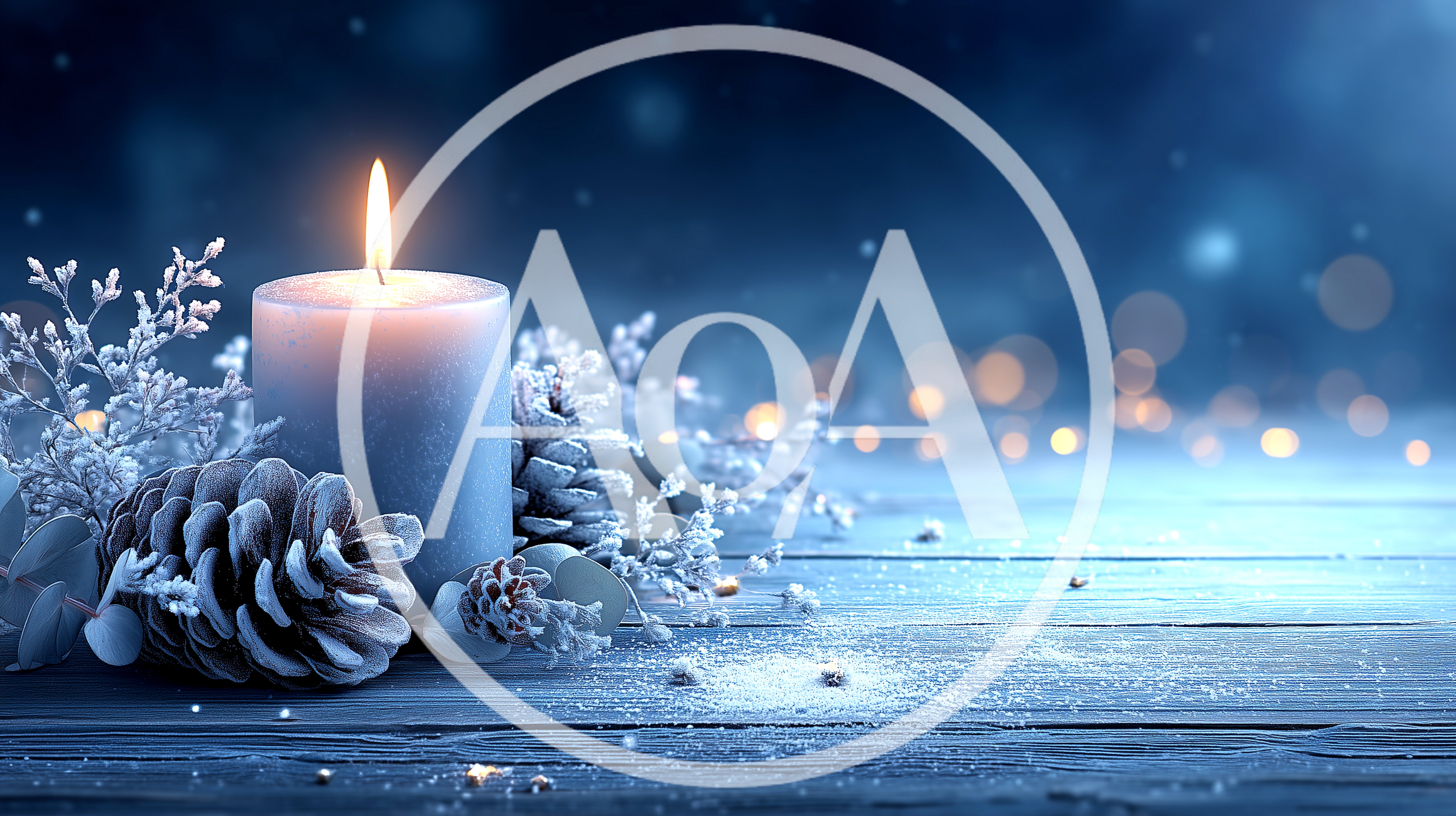 Lit Candle With Pinecones On A Snowy Surface