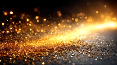 Golden Glitter Particles Floating On Dark Background