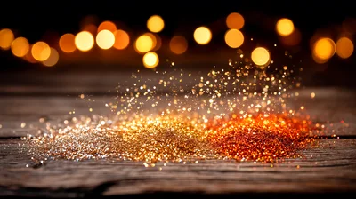 Gold and Red Glitter Piles on Wooden Surface
