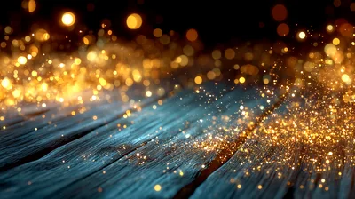Golden Glitter Particles Floating Over Dark Wooden Surface