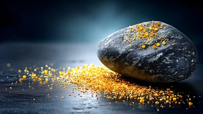 Dark Stone With Scattered Golden Amber Resin Particles