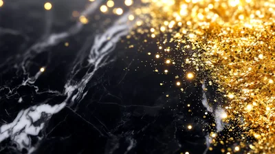 Golden Glitter Particles Falling On Black Marble Surface